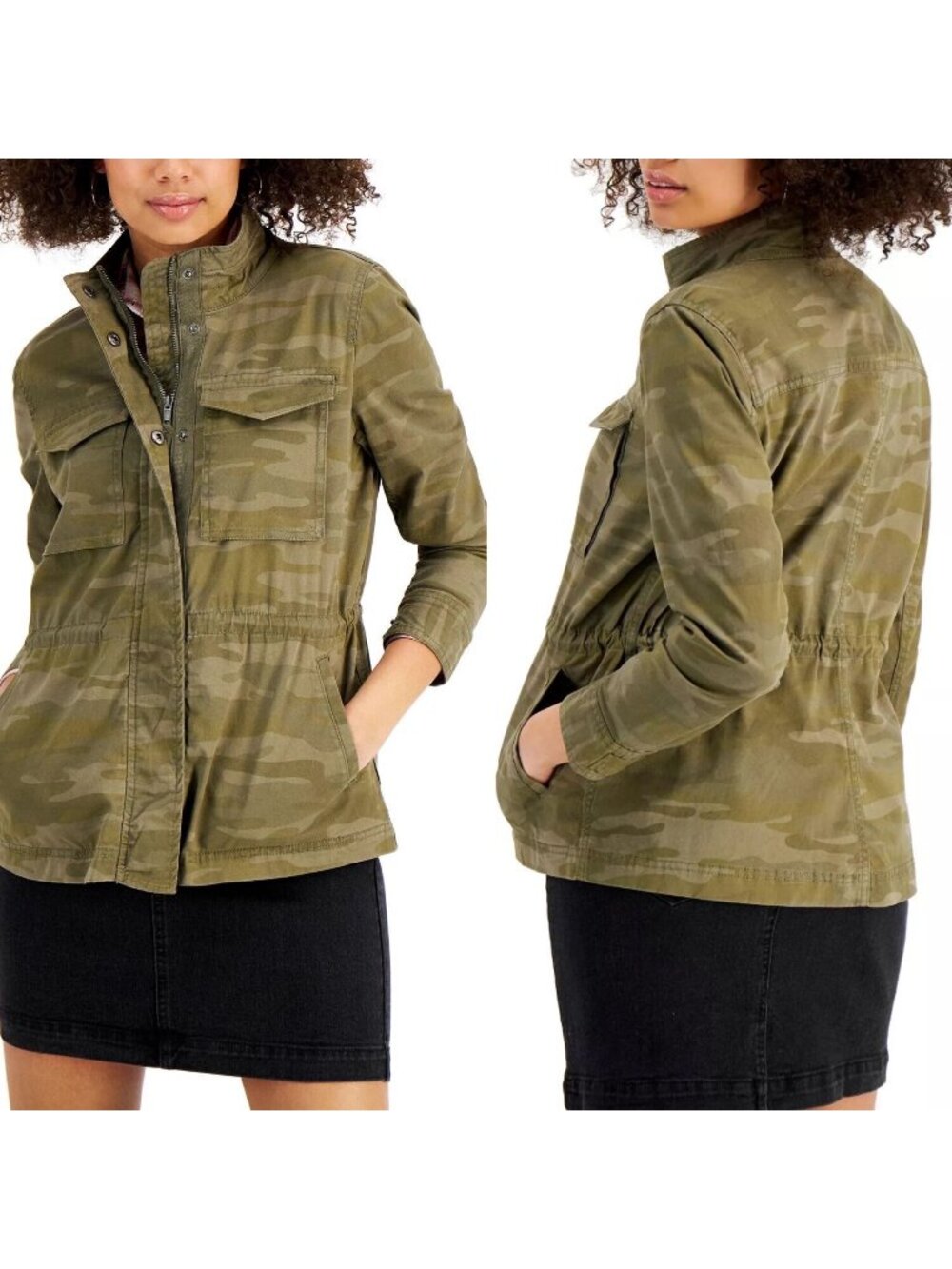 Style & Co Camo Utility Jacket Medium Petite Green Anorak Full Zip Snap Button